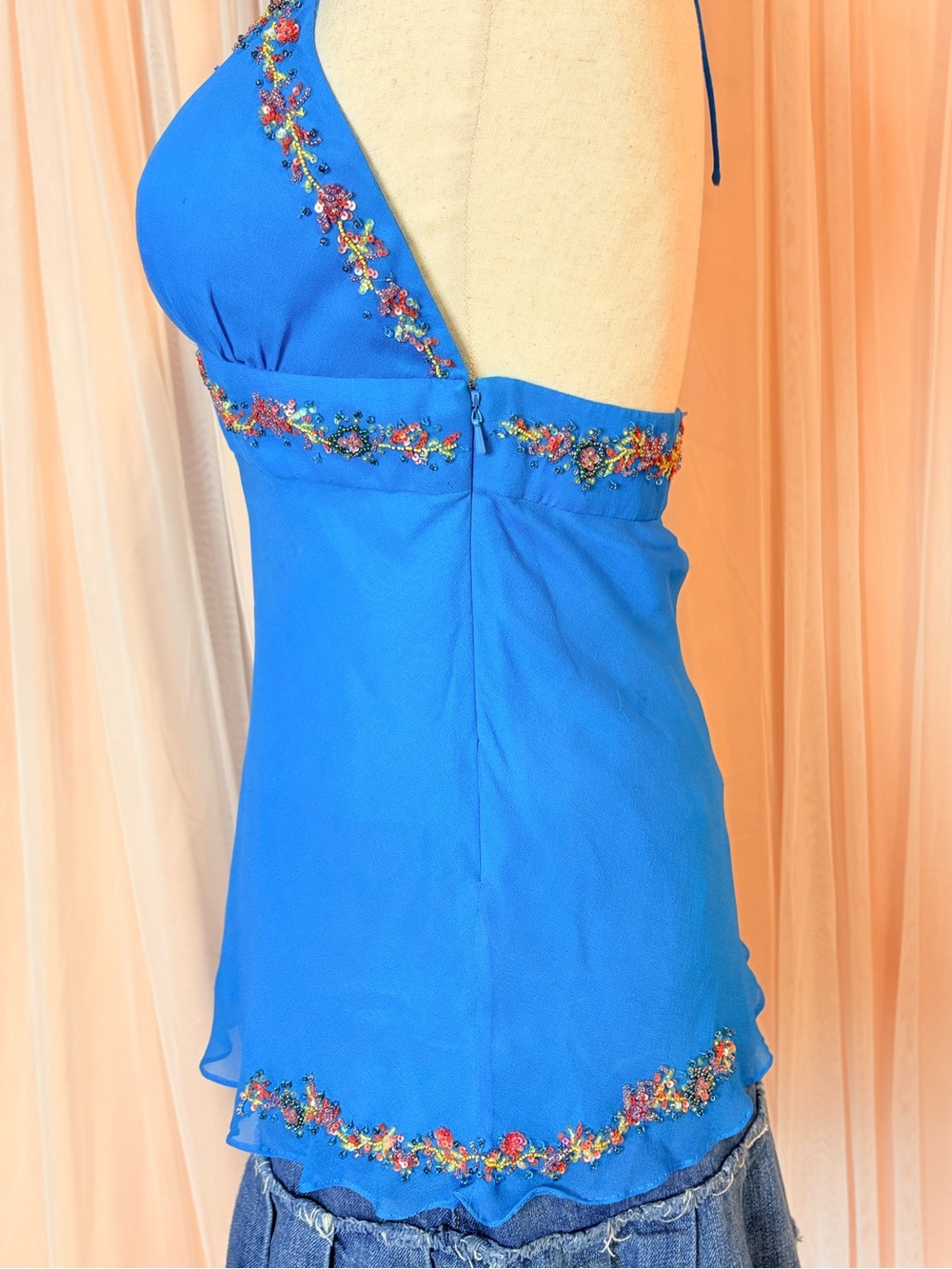 Caché 100% Silk Beaded Cami Tank Top Blue Y2K Fairy Boho Embellished Size 8 - Picture 7 of 14